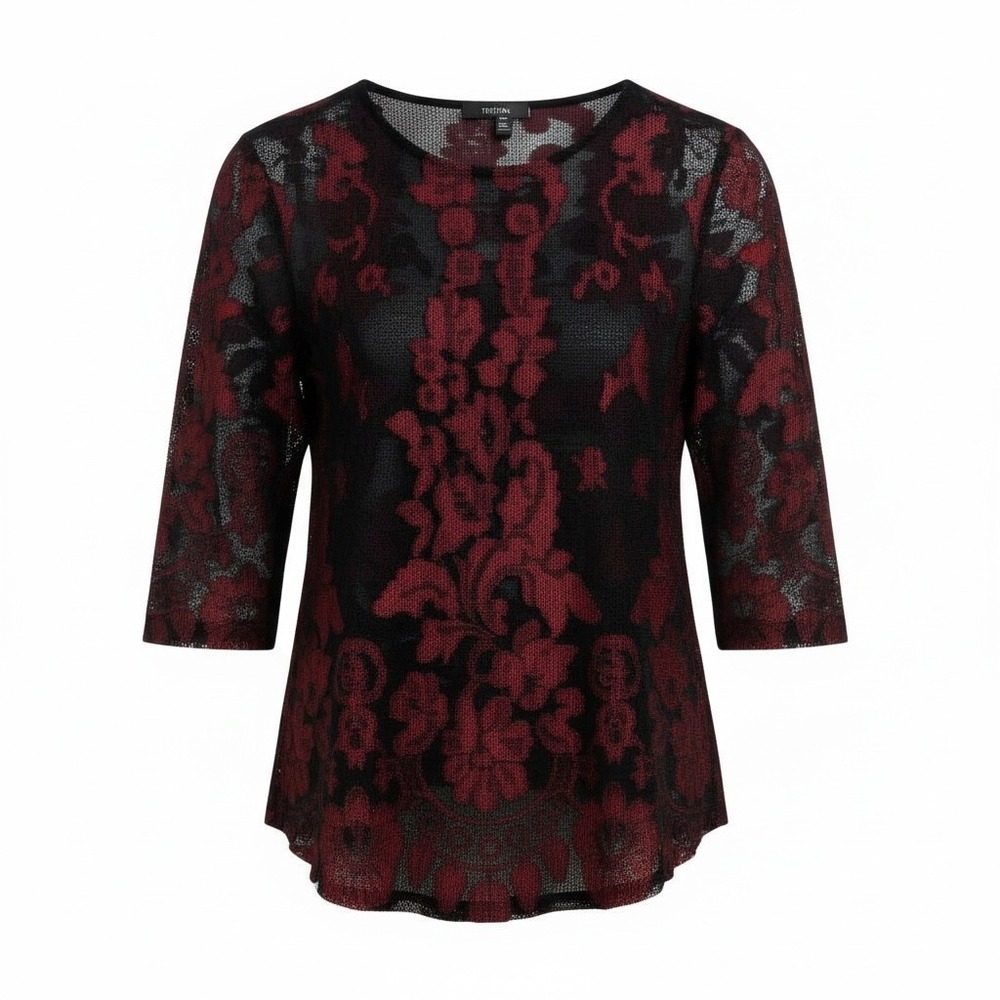 BKE Boutique Red Floral Stretch Lace Sheer 3/4 Sleeve Top Womens Sm Whimsigoth